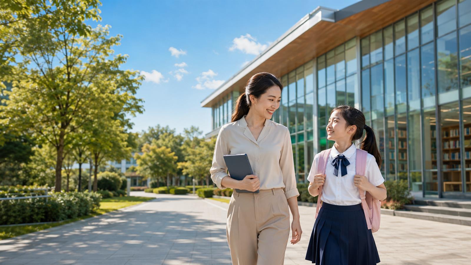 校园工作人员与学生在阳光校园中交流