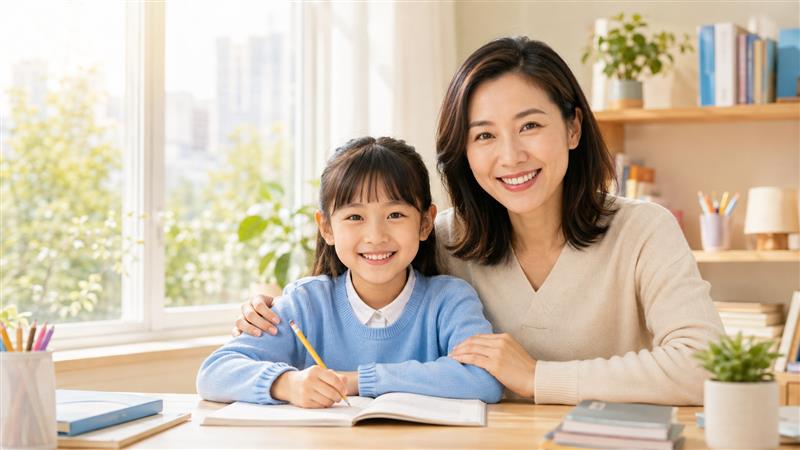 家长陪伴孩子在明亮书桌前学习